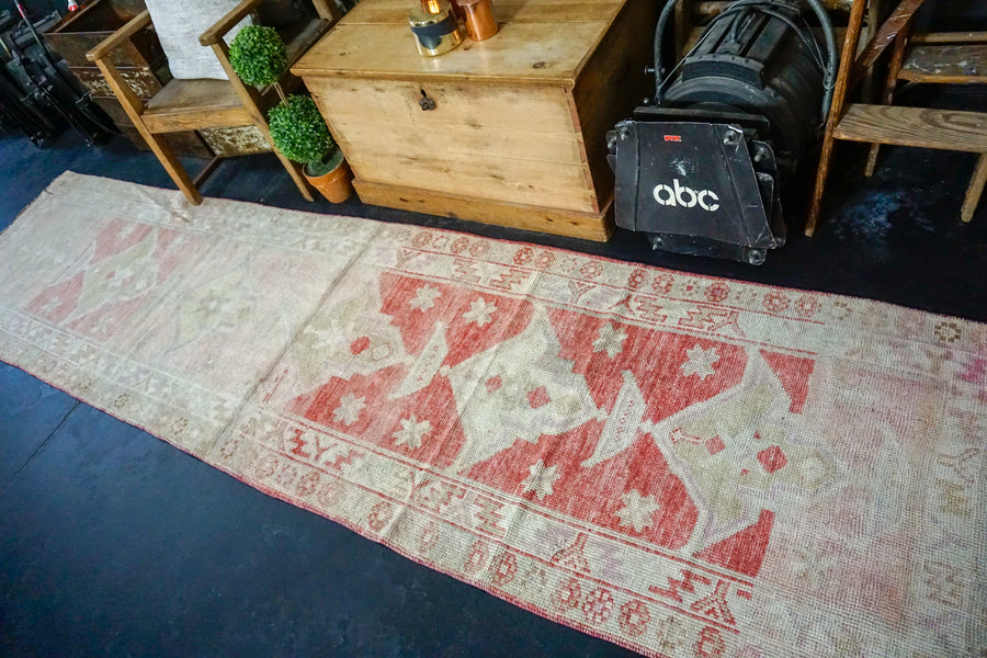 2’10 x 11’7 Vintage Oushak Runner Muted Coral Red + Cream