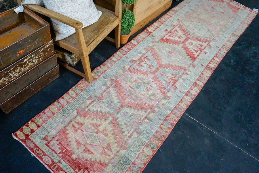 2’10 x 10’ Vintage Oushak Runner Muted Coral Red + Sky Blue