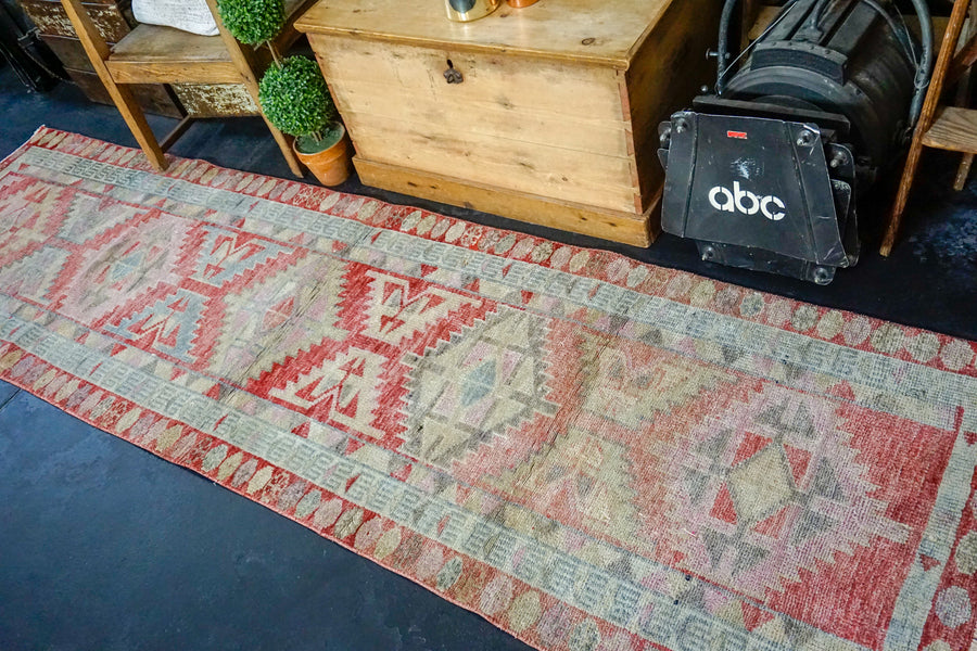 2’10 x 10’ Vintage Oushak Runner Muted Coral Red + Sky Blue