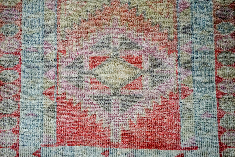 2’10 x 10’ Vintage Oushak Runner Muted Coral Red + Sky Blue