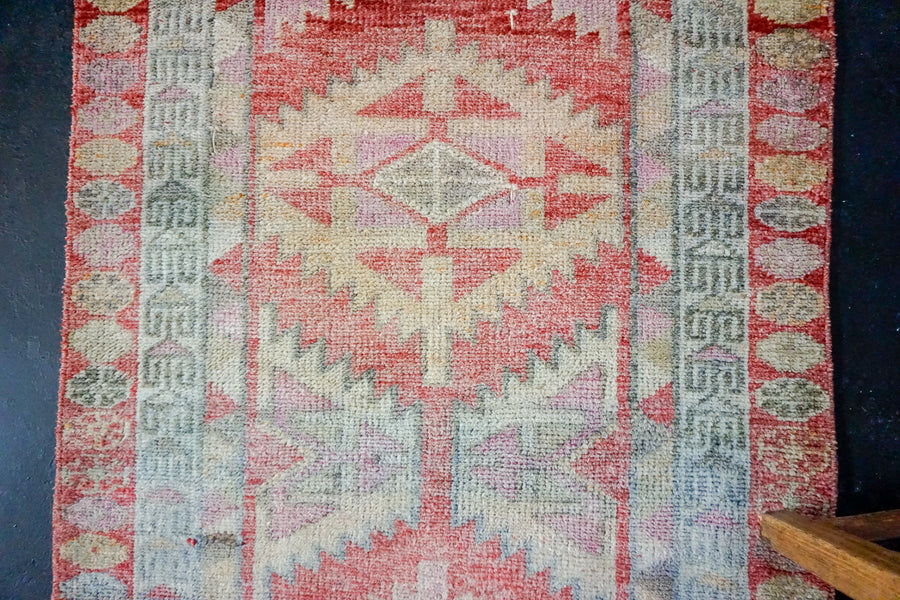 2’10 x 10’ Vintage Oushak Runner Muted Coral Red + Sky Blue