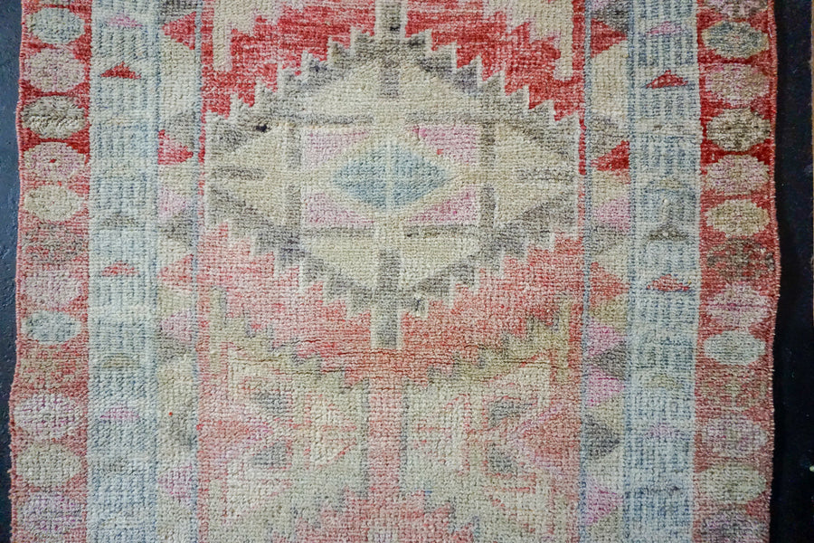 2’10 x 10’ Vintage Oushak Runner Muted Coral Red + Sky Blue