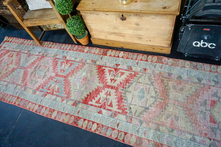 2’10 x 10’ Vintage Oushak Runner Muted Coral Red + Sky Blue