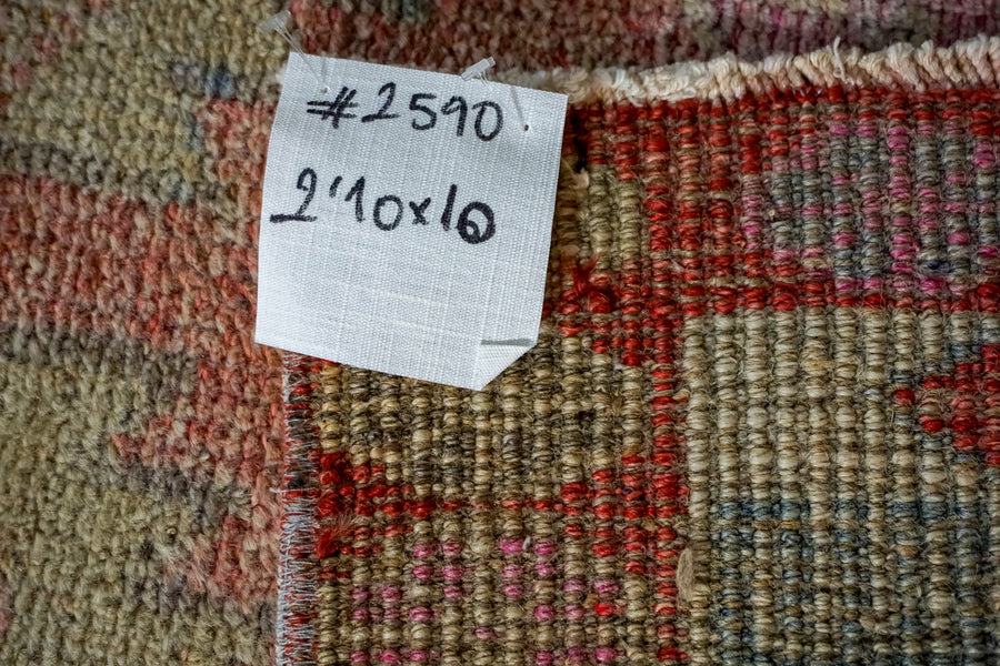 2’10 x 10’ Vintage Oushak Runner Muted Coral Red + Sky Blue