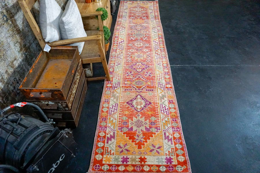 2’8 x 11’8 Vintage Oushak Runner Muted Warm Red + Purple