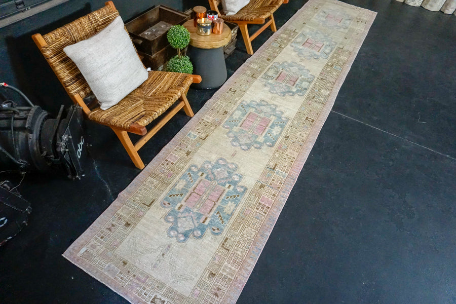 3’ x 14’8 Vintage Malayer Runner Muted Beige, Blue and Pink