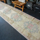 3’ x 14’8 Vintage Malayer Runner Muted Beige, Blue and Pink