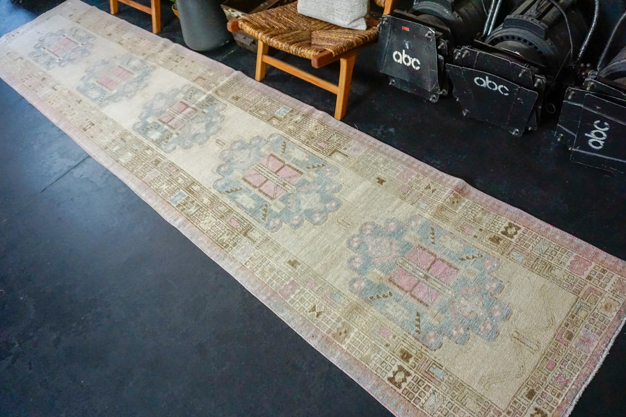 3’ x 14’8 Vintage Malayer Runner Muted Beige, Blue and Pink