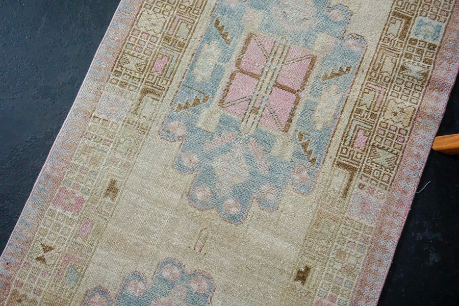 3’ x 14’8 Vintage Malayer Runner Muted Beige, Blue and Pink