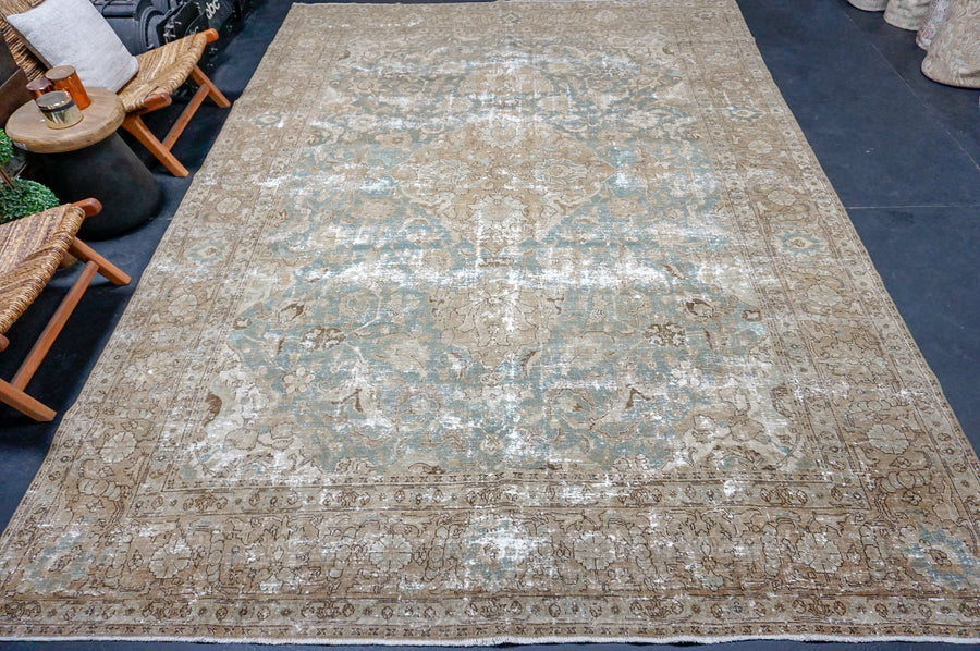 9’ x 12’4 Classic Antique Rug Muted Deep Sea Blue-Green & Camel Brown SB
