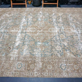 9’ x 12’4 Classic Antique Rug Muted Deep Sea Blue-Green & Camel Brown SB