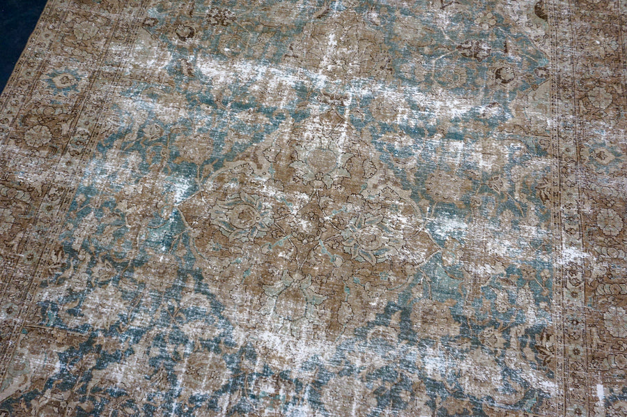 9’ x 12’4 Classic Antique Rug Muted Deep Sea Blue-Green & Camel Brown SB