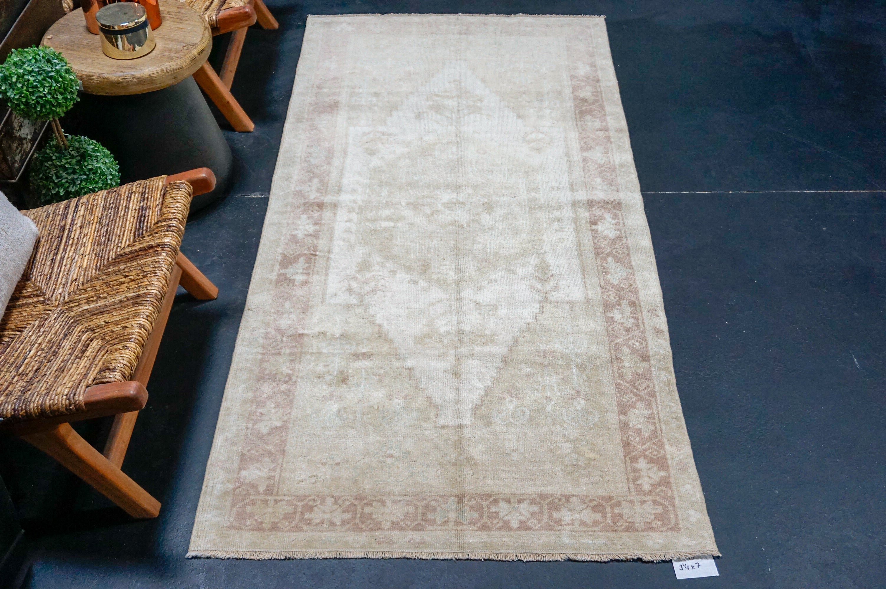 3’4 x 7’ Vintage Oushak Rug Muted Beige, Wine and Sage Green '4411 Linda's Barn
