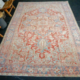 7’8 x 11’2 Classic Vintage Heriz Rug Muted Red, Blue and Creamy Ecru 60’s Carpet