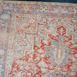 7’8 x 11’2 Classic Vintage Heriz Rug Muted Red, Blue and Creamy Ecru 60’s Carpet