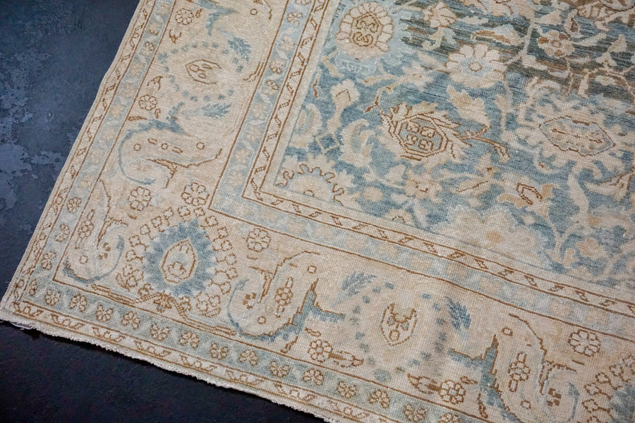 8’7 x 11’10 Classic Vintage Rug Muted  Blues, Camel + Cream 60’s Carpet