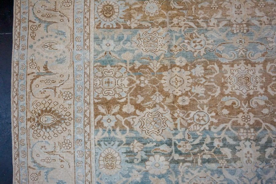 8’7 x 11’10 Classic Vintage Rug Muted  Blues, Camel + Cream 60’s Carpet