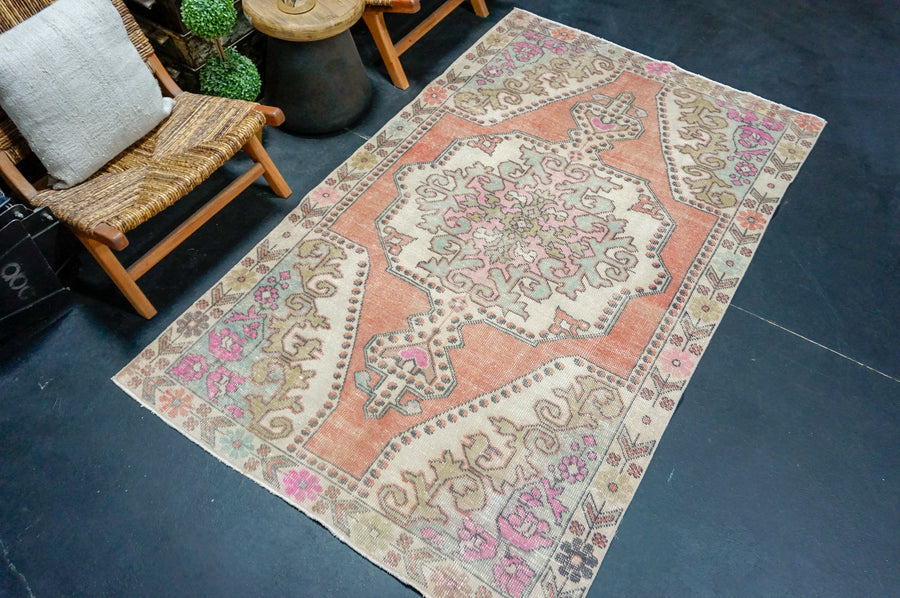 4’4 x 7’4 Vintage Oushak Rug Muted Coral Red, Pink & Aqua