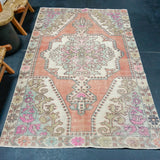 4’4 x 7’4 Vintage Oushak Rug Muted Coral Red, Pink & Aqua
