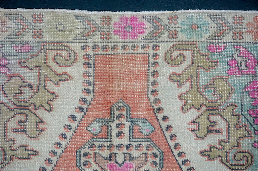 4’4 x 7’4 Vintage Oushak Rug Muted Coral Red, Pink & Aqua