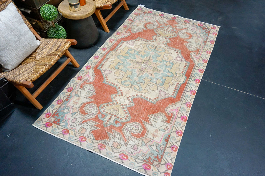 4’ x 7’5 Vintage Oushak Rug Muted Coral Red, Aqua & Bone