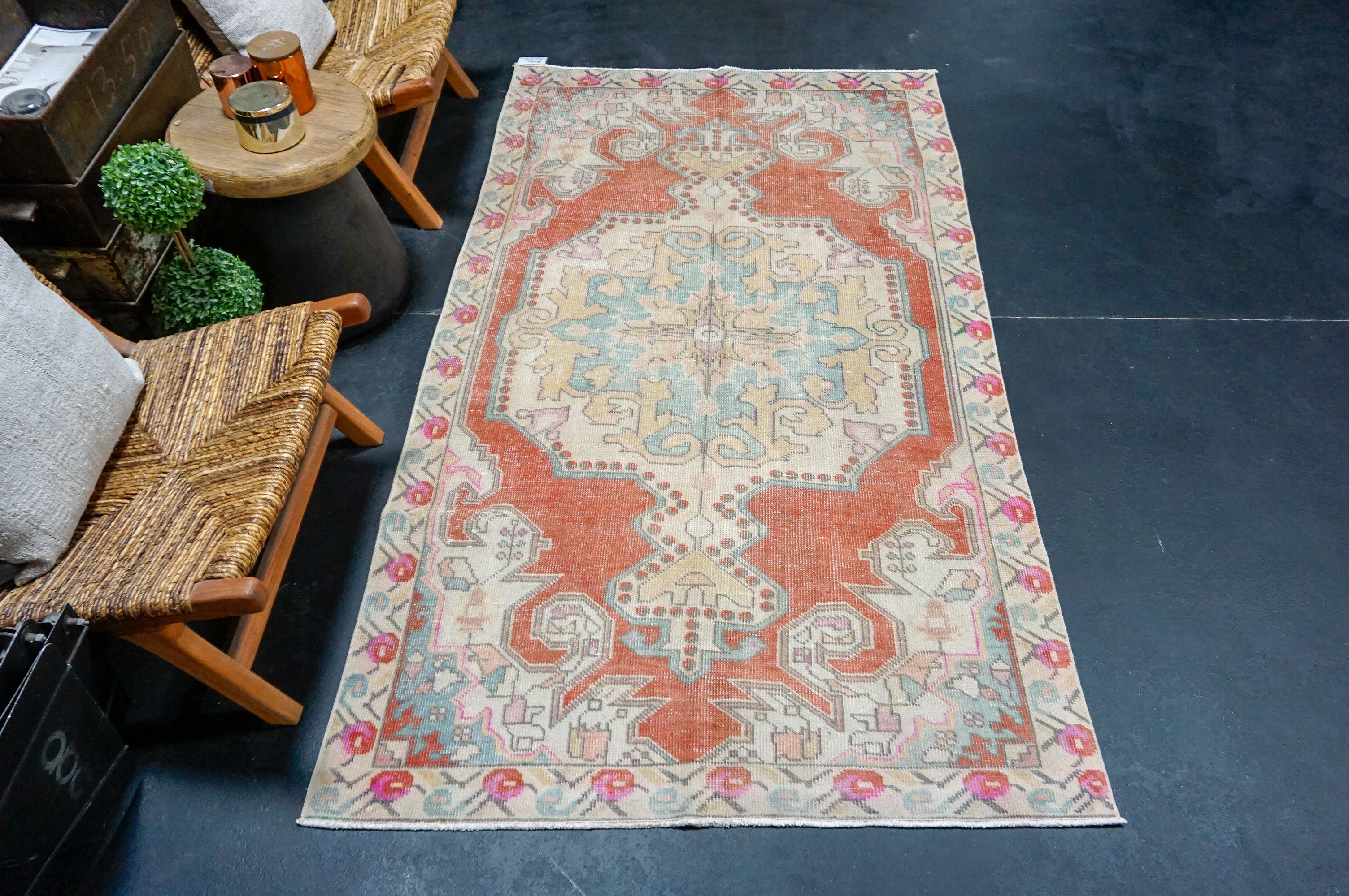 4’ x 7’5 Vintage Oushak Rug Muted Coral Red, Aqua & Bone '4341 Linda's Barn