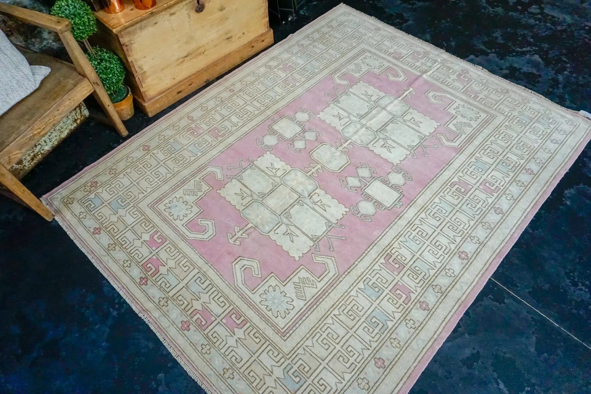 5’4 x 6’9 Vintage Turkish Milas Carpet Pink, Baby Blue and Cream '3003 Linda's Barn