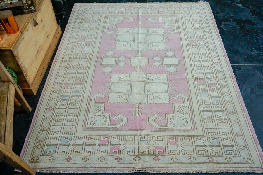 5’4 x 6’9 Vintage Turkish Milas Carpet Pink, Baby Blue and Cream