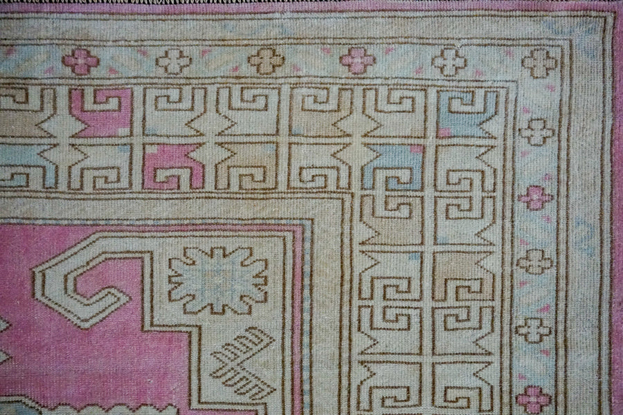 5’4 x 6’9 Vintage Turkish Milas Carpet Pink, Baby Blue and Cream