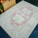 5’2” x 6’9 Vintage Turkish Milas Carpet Pink, Baby Blue and Cream '3007