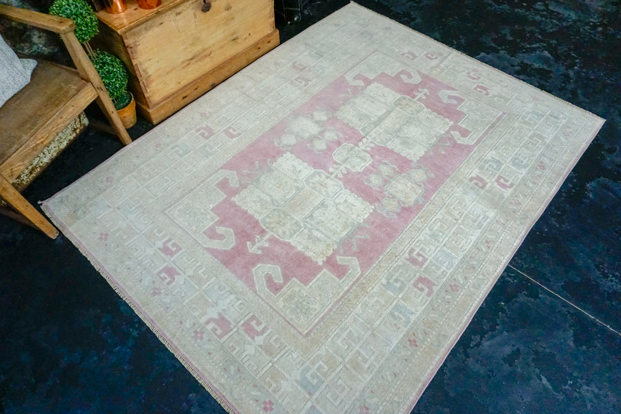 5’2” x 6’9 Vintage Turkish Milas Carpet Pink, Baby Blue and Cream