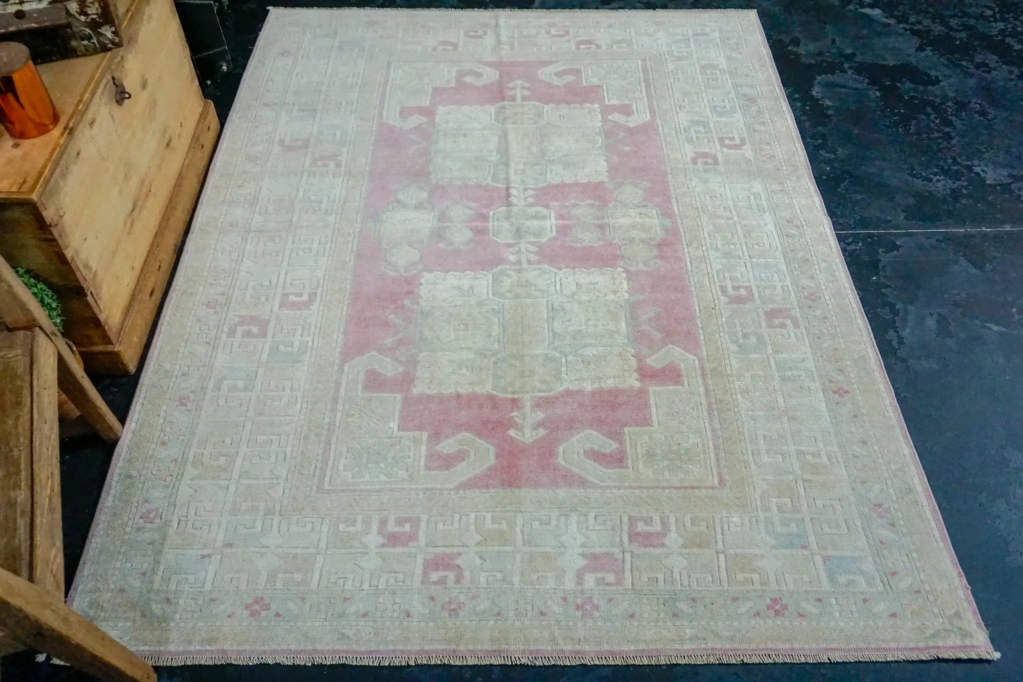 5’2” x 6’9 Vintage Turkish Milas Carpet Pink, Baby Blue and Cream '3007 Linda's Barn