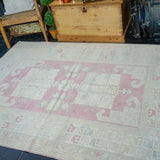 5’2” x 6’9 Vintage Turkish Milas Carpet Pink, Baby Blue and Cream '3007