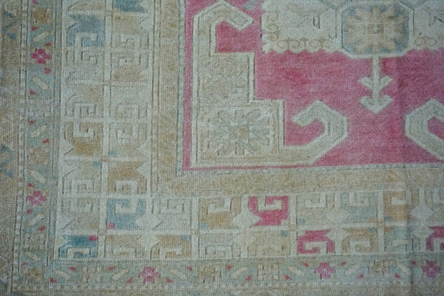 5’2” x 6’9 Vintage Turkish Milas Carpet Pink, Baby Blue and Cream