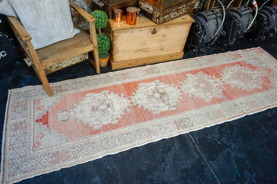 3’ x 10’3 Vintage Turkish Runner Muted Coral Red, Beige & Taupe