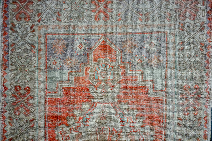 3’ x 10’3 Vintage Turkish Runner Muted Coral Red, Beige & Taupe