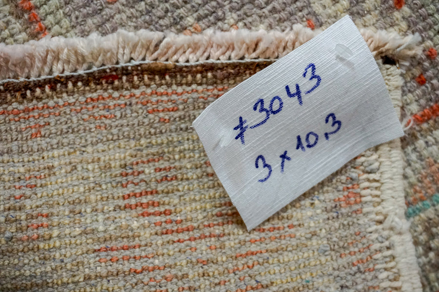 3’ x 10’3 Vintage Turkish Runner Muted Coral Red, Beige & Taupe