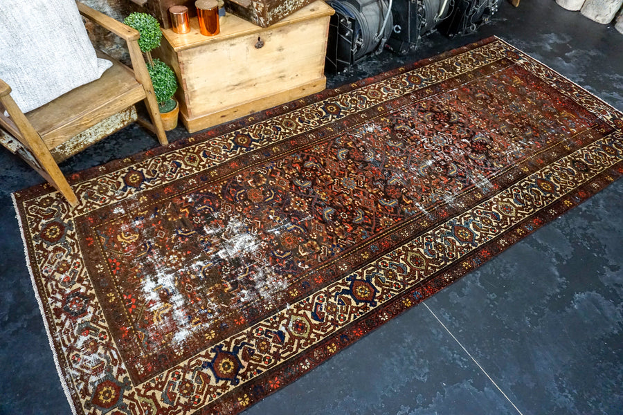 4’6 x 11’ Vintage Hamadan Runner Red and Blue