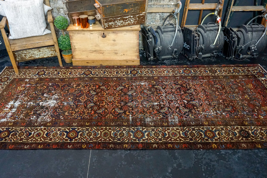 4’6 x 11’ Vintage Hamadan Runner Red and Blue