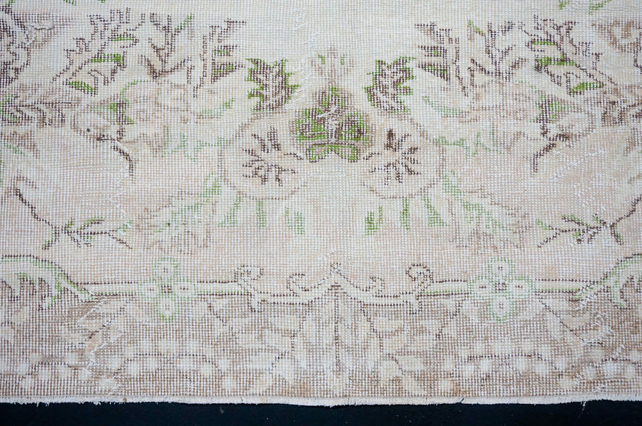 6’4 x 9’9 Vintage Oushak Rug Kelly Green, Blush Pink, Mocha & Cream