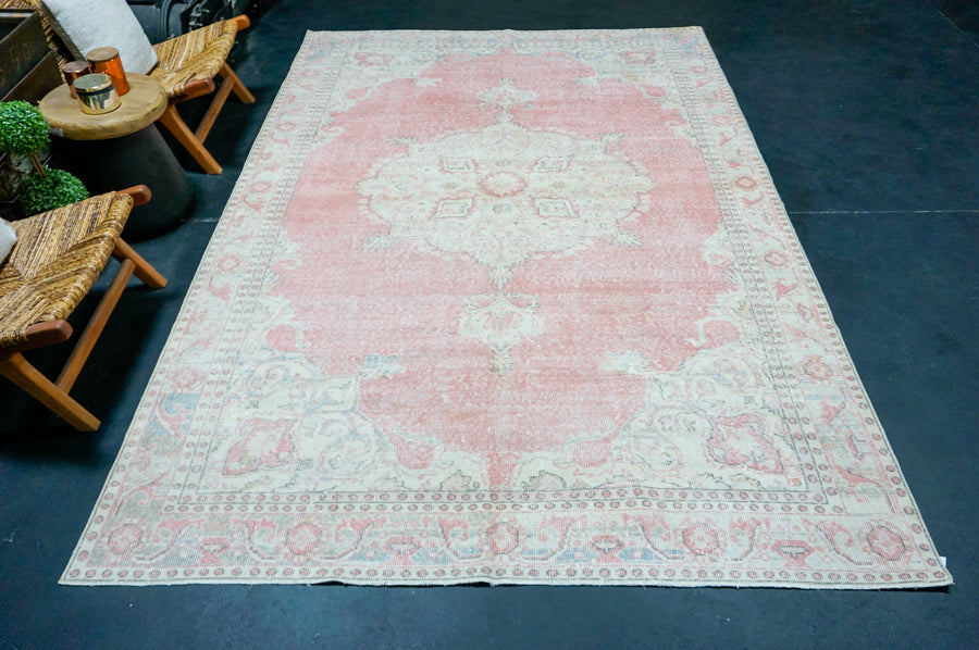 6’8 x 10’5 Vintage Oushak Rug Pink, Gray & Baby Blue