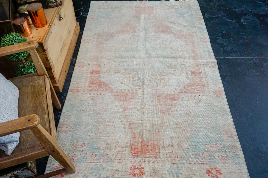 4’1” x 7’ Oushak Rug Coral, Turquoise and Sand Beige