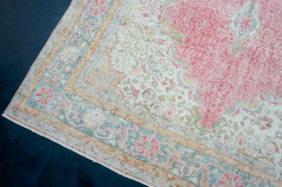 6’8 x 10’1 Vintage Oushak Rug Pink, Blue, Sage Green & Caramel