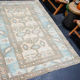 4’4 x 6’6 Vintage Turkish Carpet Muted Sky Blue + Cream & Beige '4265