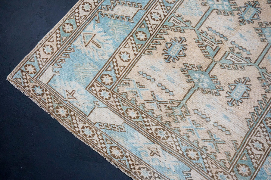 4’4 x 6’6 Vintage Turkish Carpet Muted Sky Blue + Cream & Beige
