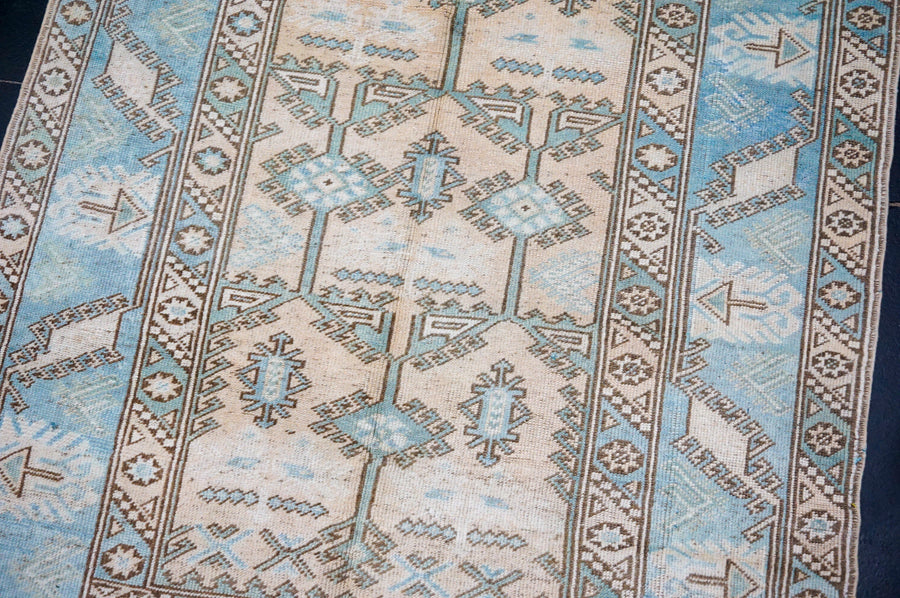 4’4 x 6’6 Vintage Turkish Carpet Muted Sky Blue + Cream & Beige