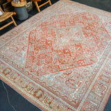 8’9 x 12’ Classic Vintage Rug Muted  Warm Red + Blue & Sea Green Carpet '3803