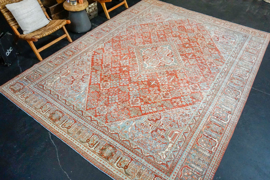 8’9 x 12’ Classic Vintage Rug Muted  Warm Red + Blue & Sea Green Carpet