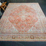 8’9 x 12’ Classic Vintage Rug Muted  Warm Red + Blue & Sea Green Carpet '3803