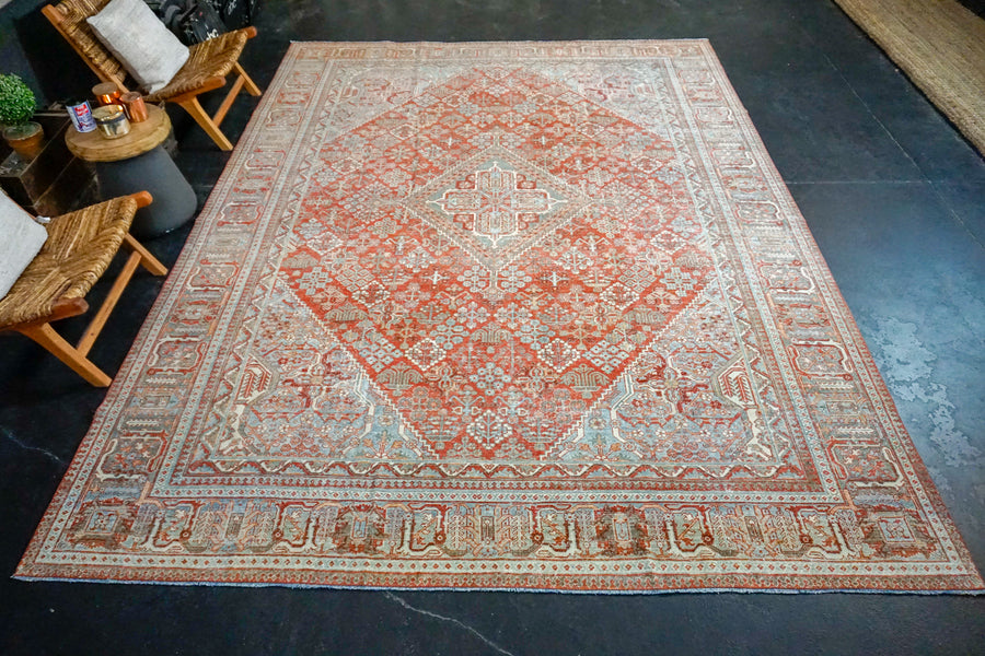 8’9 x 12’ Classic Vintage Rug Muted  Warm Red + Blue & Sea Green Carpet